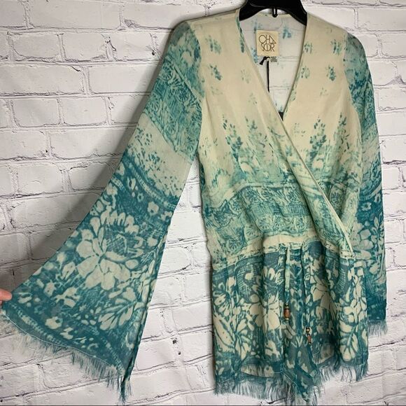 Chaser Boho Blue Silk Chiffon Floral Tapestry Bell Sleeve Fringe Romper - Picture 5 of 16